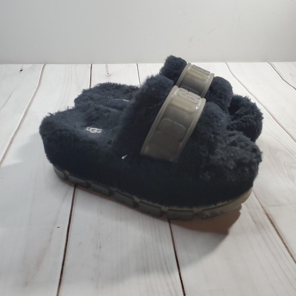 Ugg Australia Sandals 5 Women Faux Fur Black Platform Slip On Shoes Spell Out